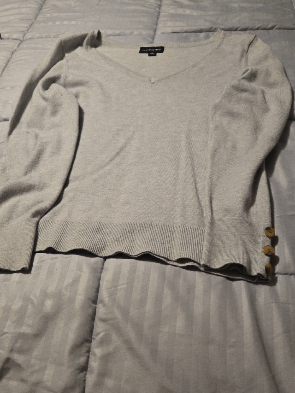 Worthington Light Gray V-Neck Sweater with Side Button Detail